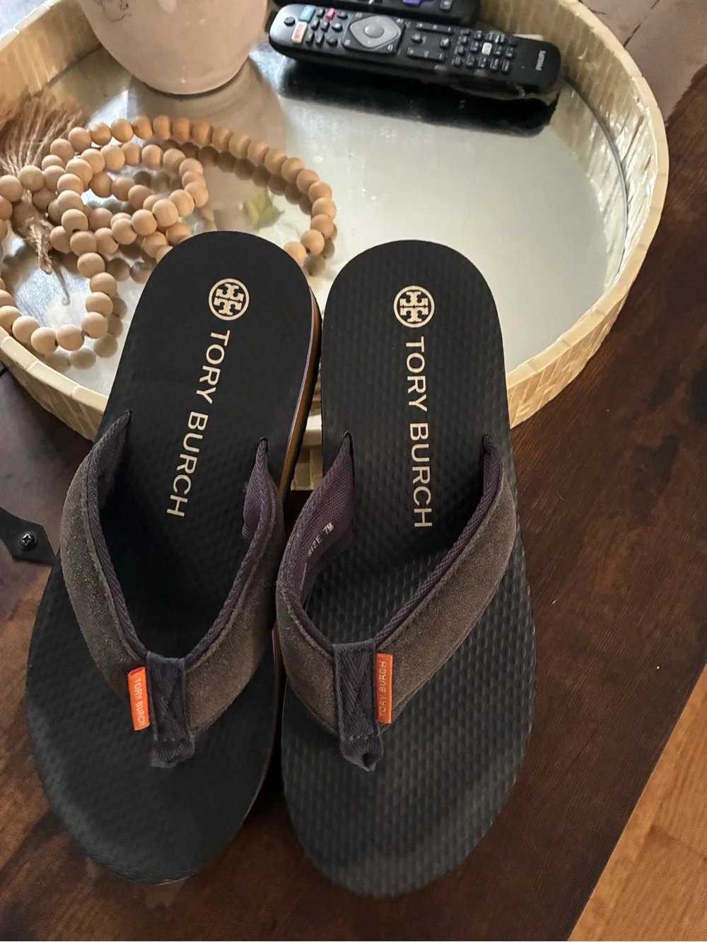 Tory Burch Navy Flip-Flop Sandals with Rainbow Stripe Midsole